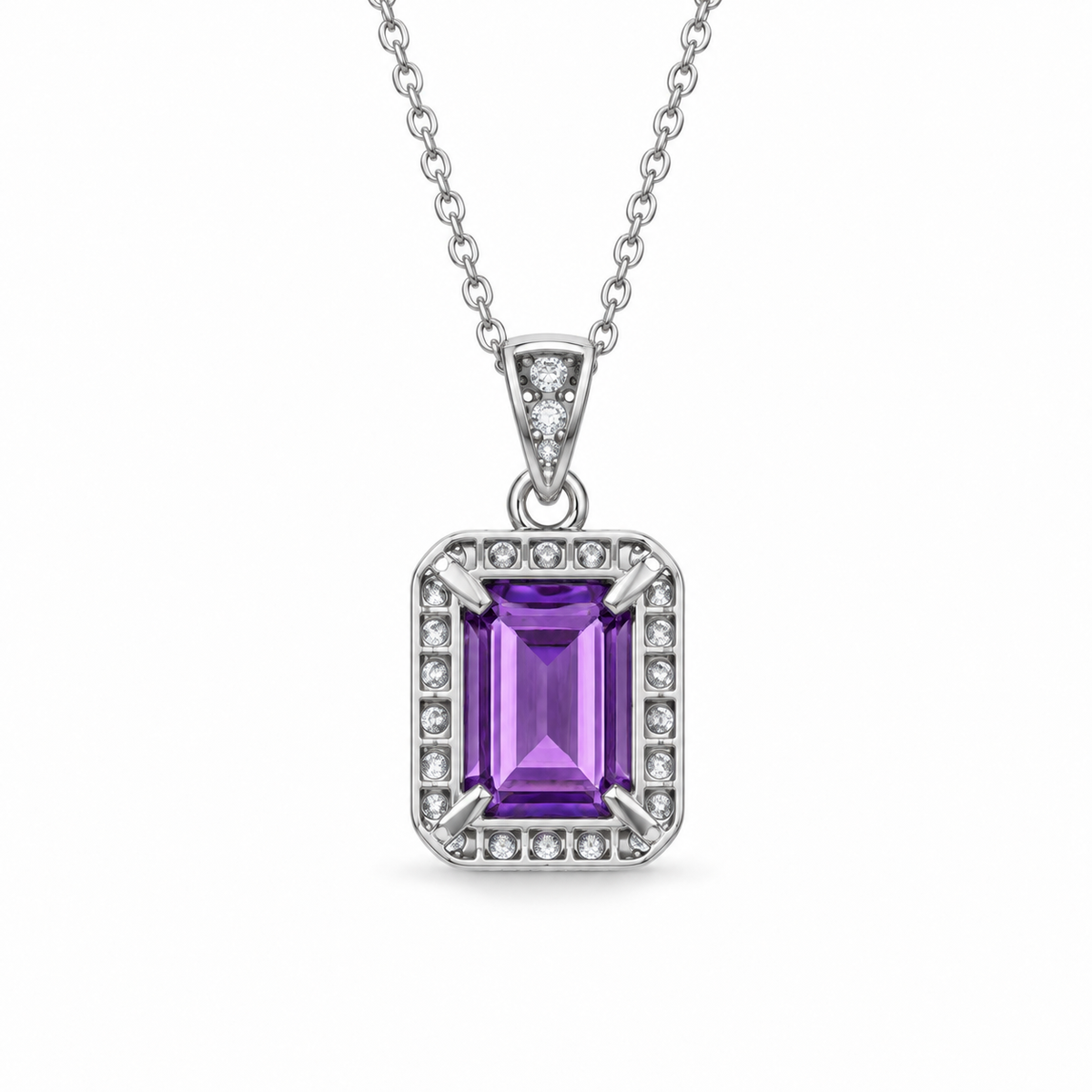 Emerald-Cut Amethyst Halo Necklace in Sterling Silver — back construction view