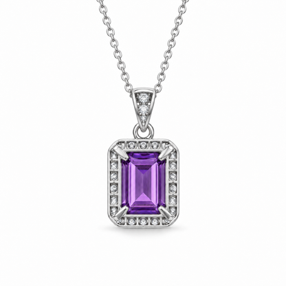 Emerald-Cut Amethyst Halo Necklace in Sterling Silver — back construction view