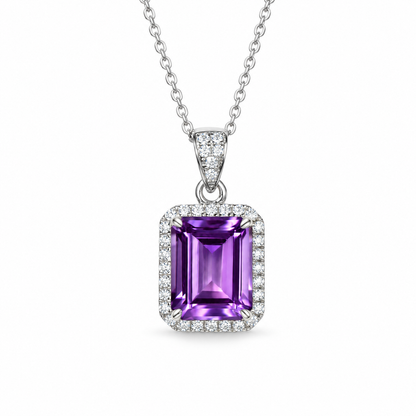 Emerald-Cut Amethyst Halo Necklace in Sterling Silver — front view