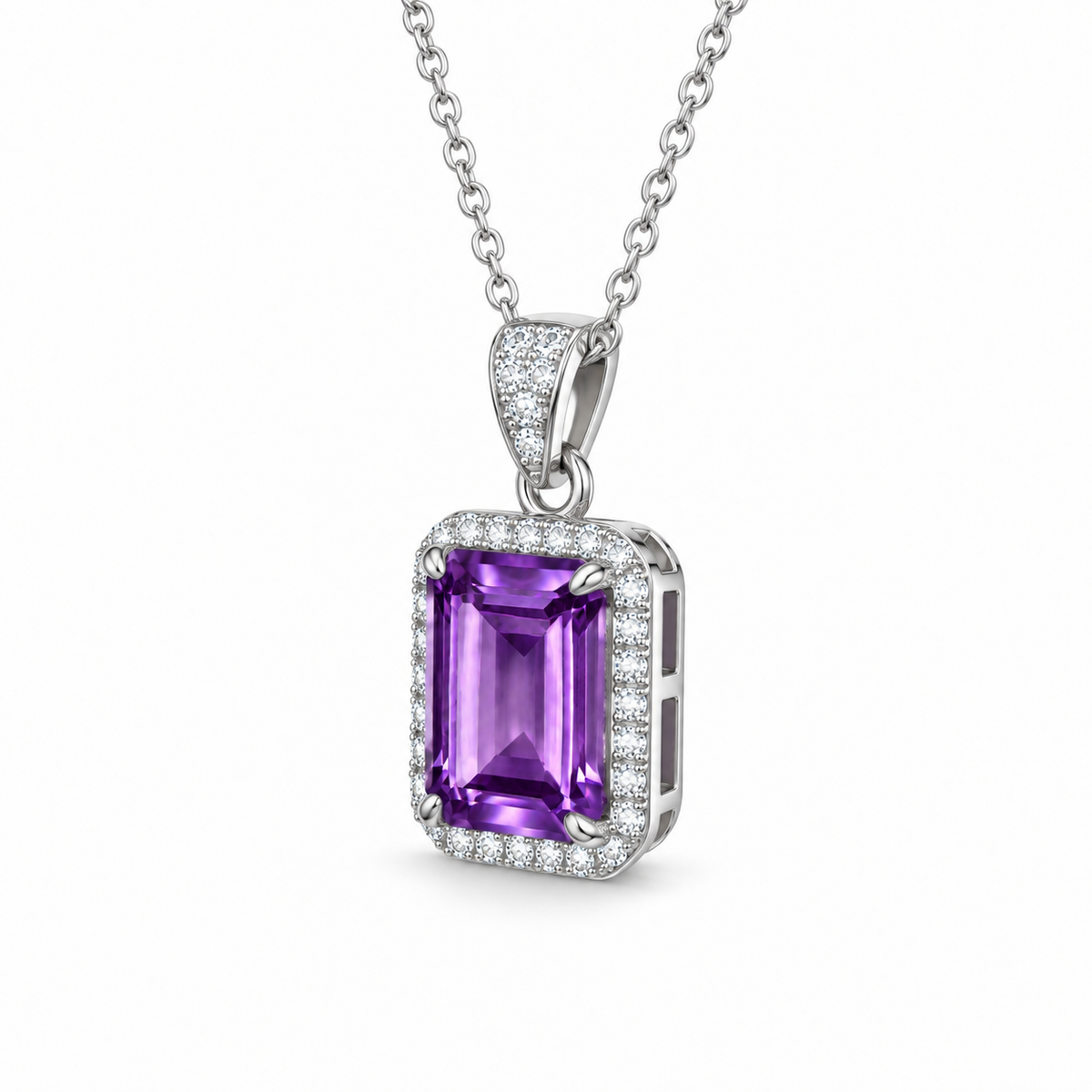 Emerald-Cut Amethyst Halo Necklace in Sterling Silver — 45-degree side view