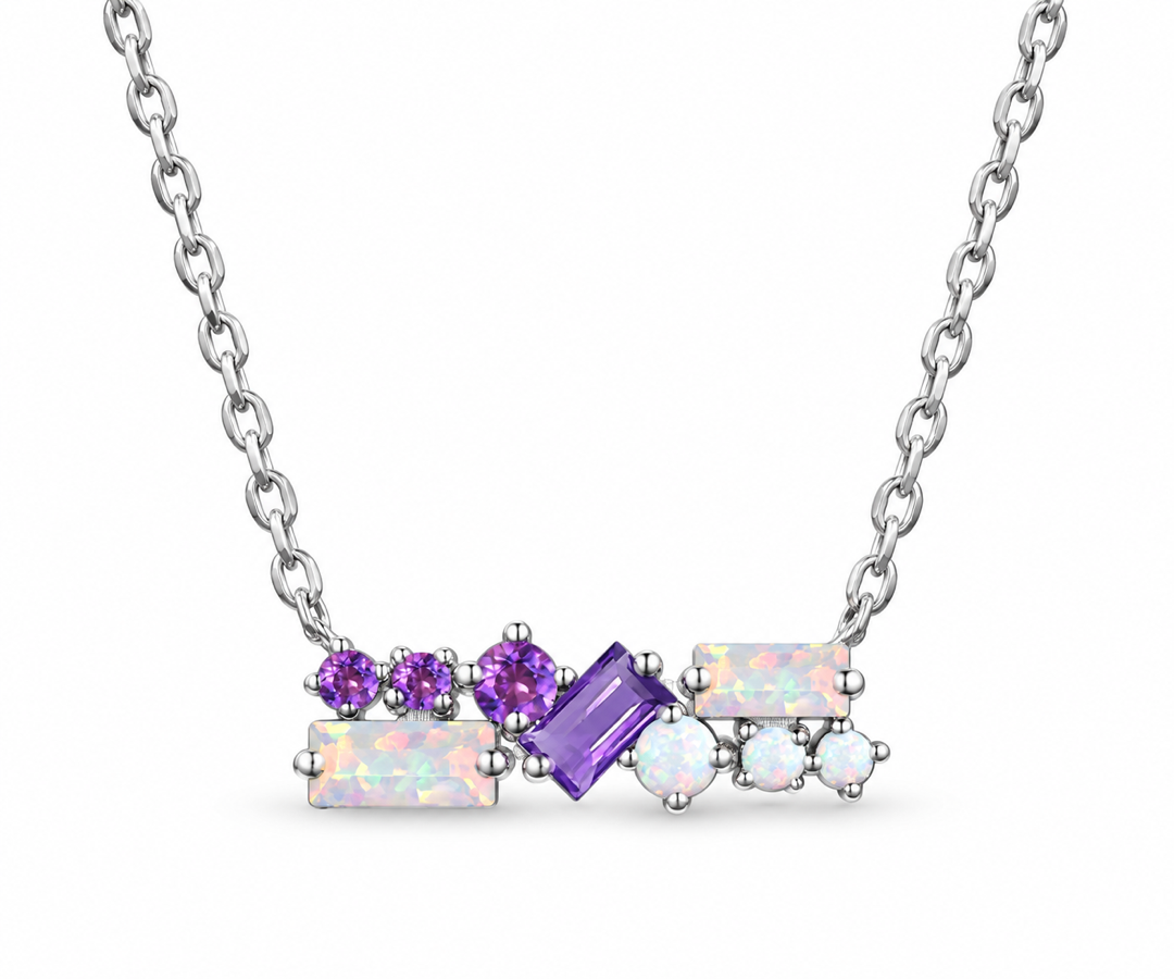 Opal & Amethyst Baguette Bar Necklace