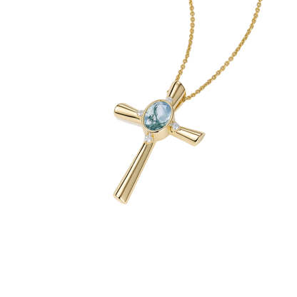 Oval Moss Agate Cross Pendant Necklace