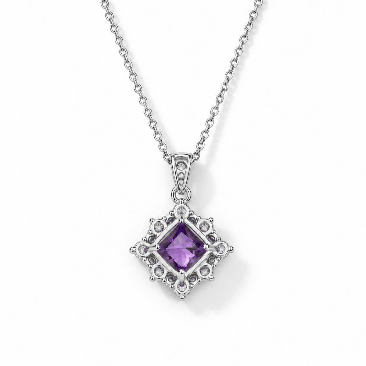 Cushion-Cut Amethyst Star Halo Necklace in Sterling Silver — back construction view