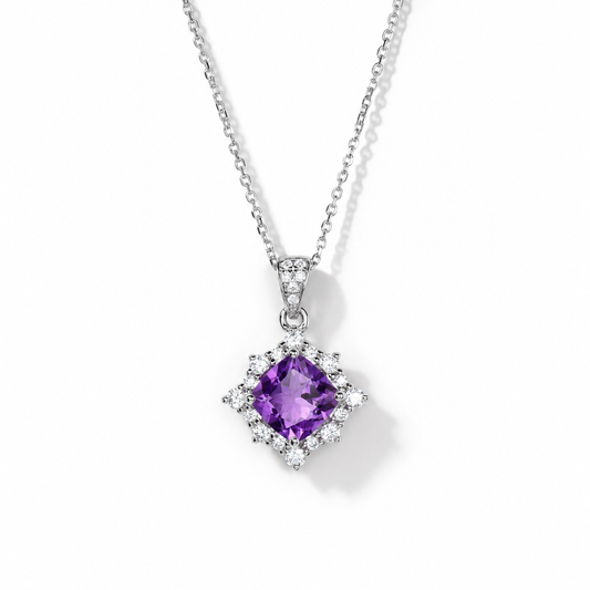 Cushion-Cut Amethyst Star Halo Necklace in Sterling Silver — front view