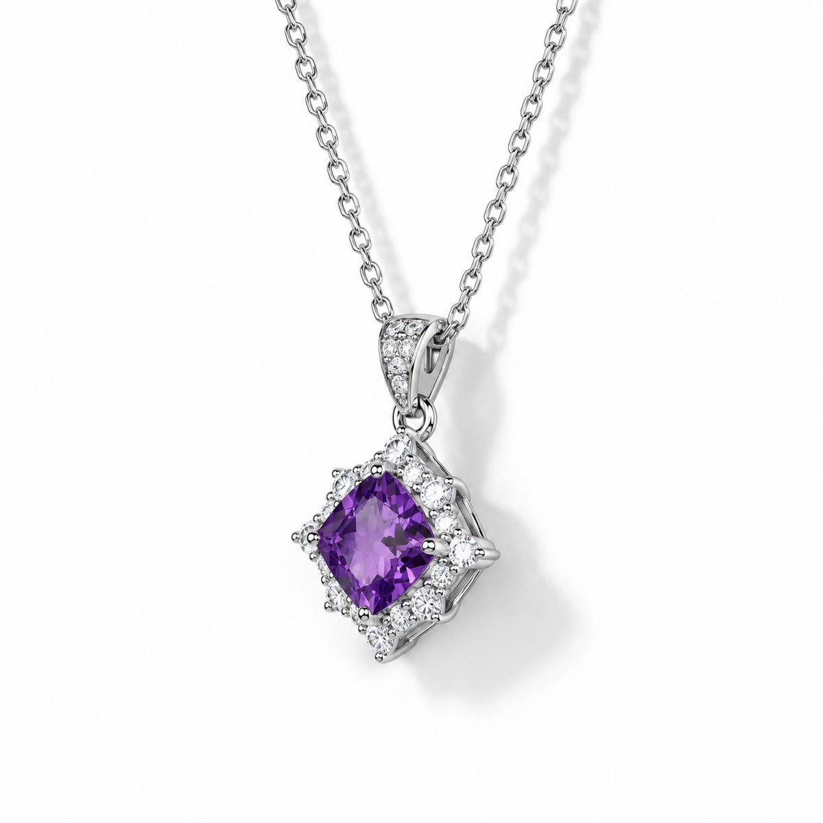 Cushion-Cut Amethyst Star Halo Necklace in Sterling Silver — 45-degree side view