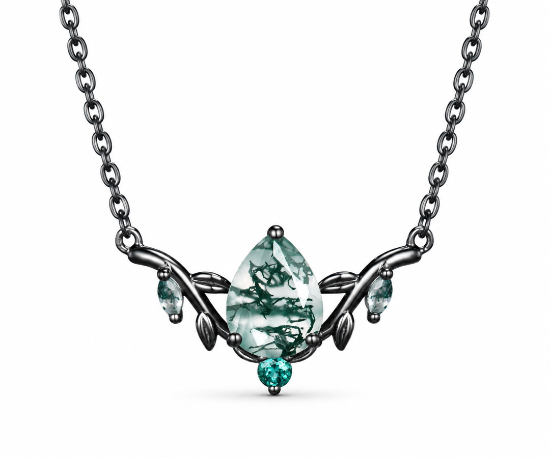 Black Moss Agate Leaf Vine Necklace
