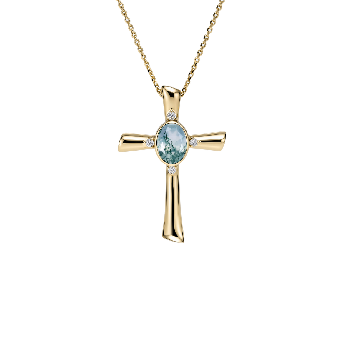 Oval Moss Agate Cross Pendant Necklace