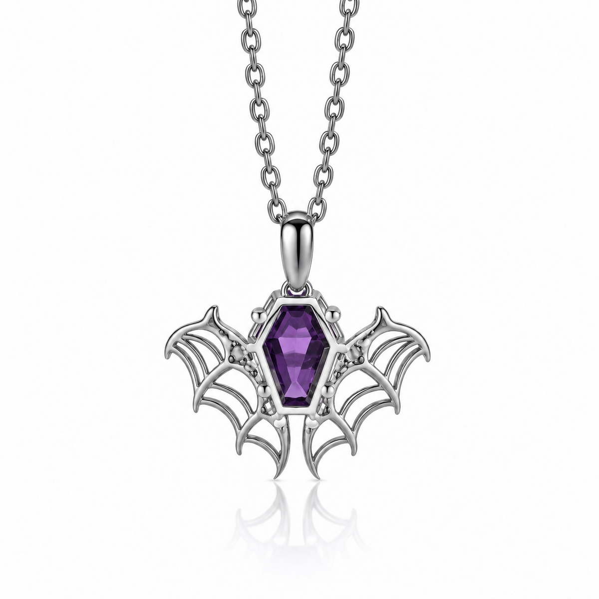 Coffin-Cut Amethyst Bat Necklace in Sterling Silver — back construction view