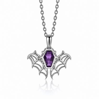 Coffin-Cut Amethyst Bat Necklace in Sterling Silver — back construction view