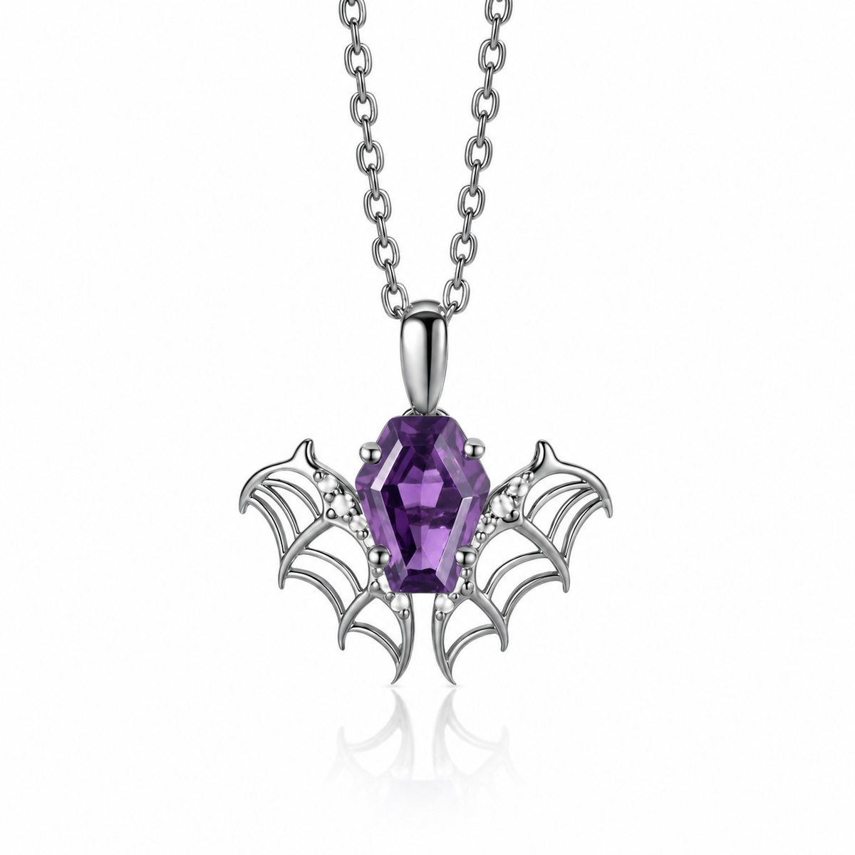 Coffin-Cut Amethyst Bat Necklace in Sterling Silver — front view