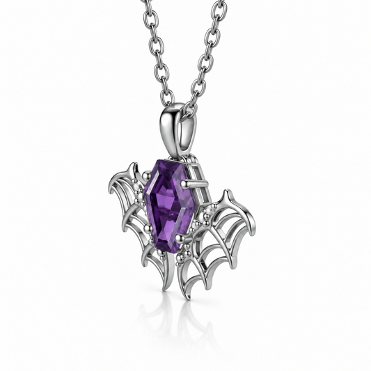 Coffin-Cut Amethyst Bat Necklace in Sterling Silver — 45-degree side view