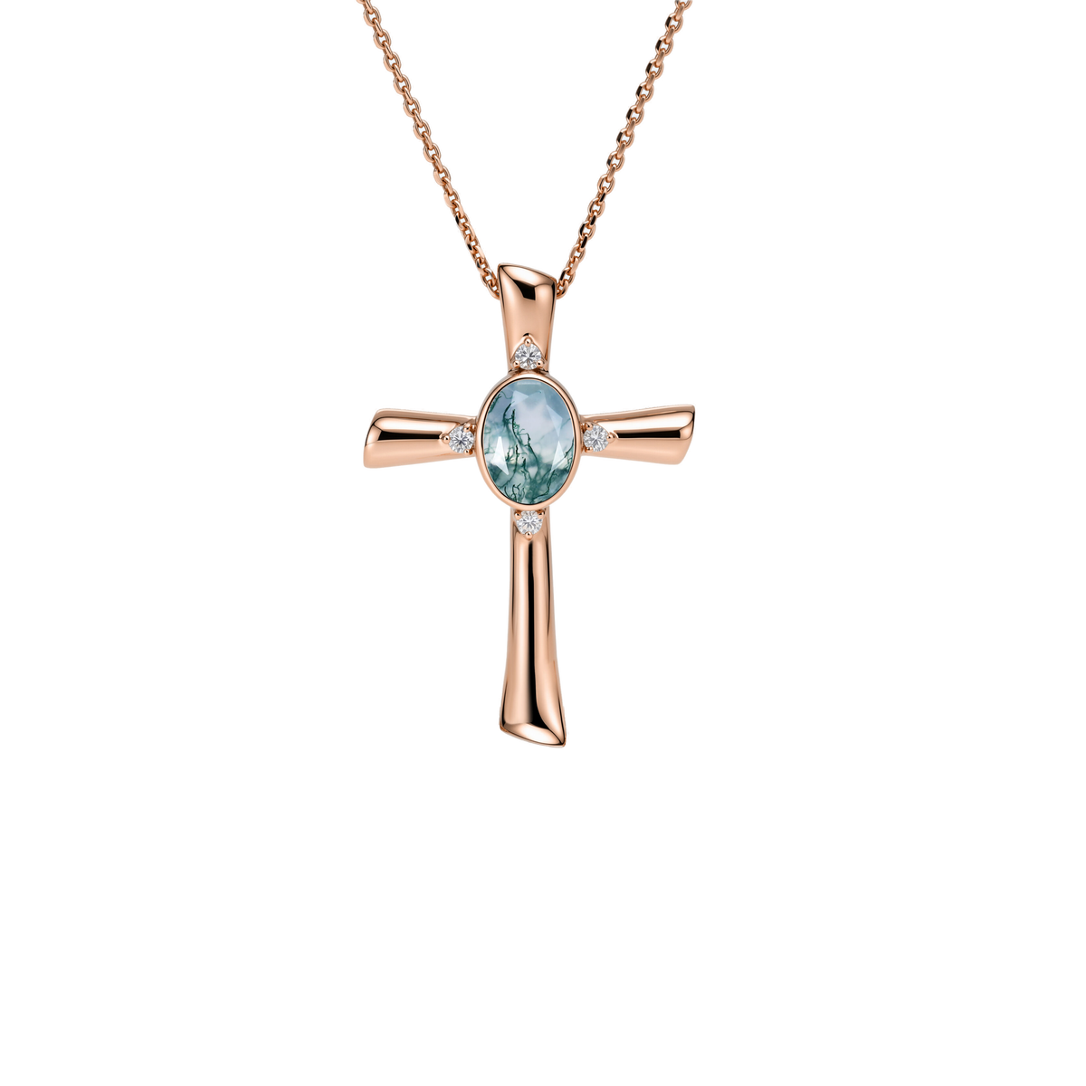 Oval Moss Agate Cross Pendant Necklace