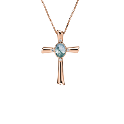 Oval Moss Agate Cross Pendant Necklace