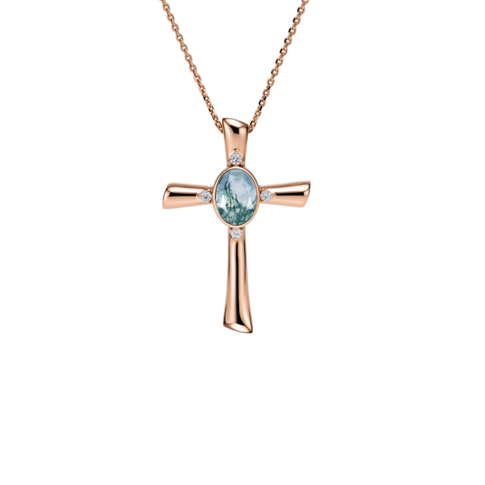 Oval Moss Agate Cross Pendant Necklace