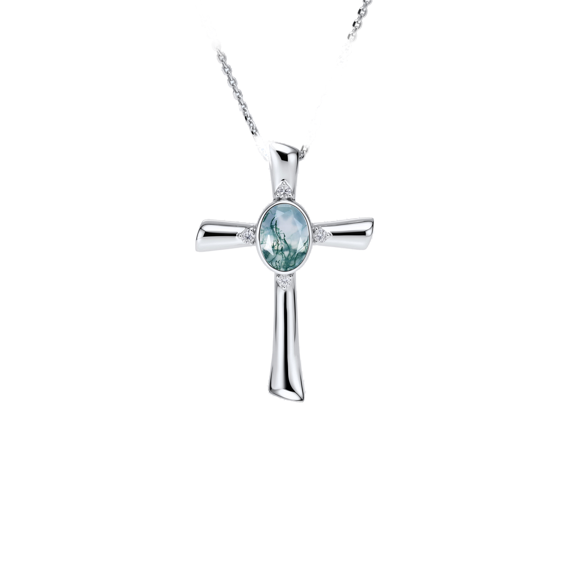 Oval Moss Agate Cross Pendant Necklace