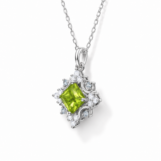 Princess-Cut Peridot Celestial Necklace in Sterling Silver — 45-degree side view