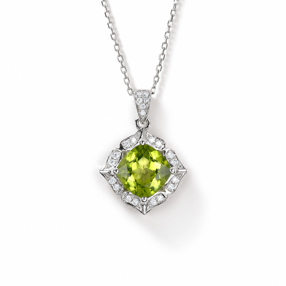 Cushion-Cut Peridot Halo Necklace in Sterling Silver — front view
