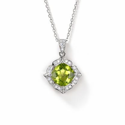 Cushion-Cut Peridot Halo Necklace in Sterling Silver — front view