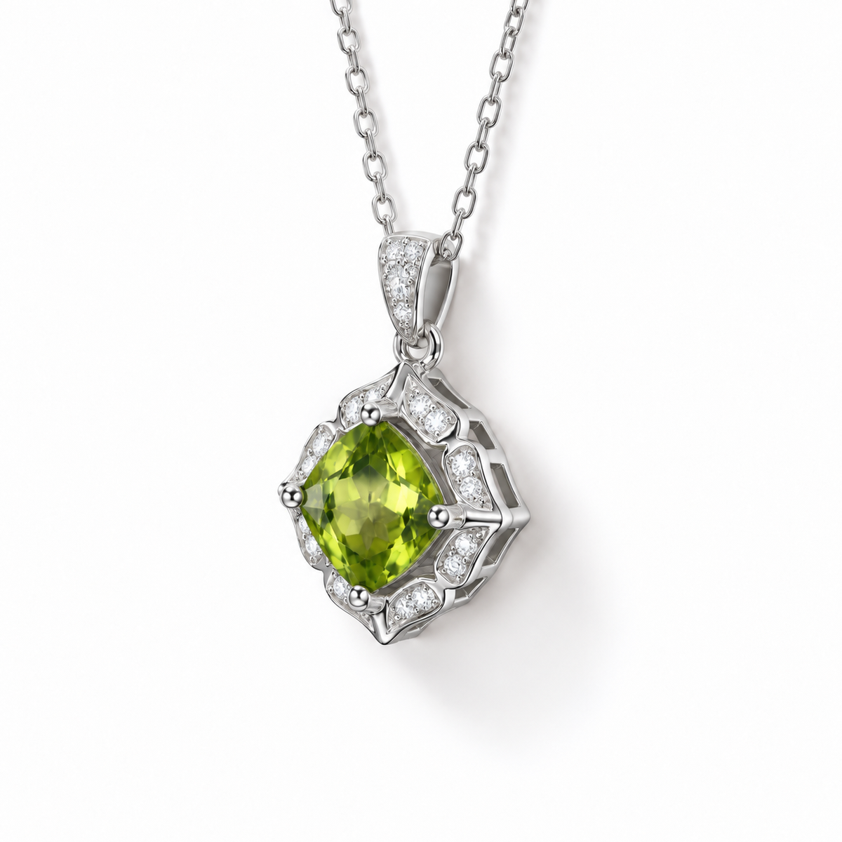 Cushion-Cut Peridot Halo Necklace in Sterling Silver — 45-degree side view