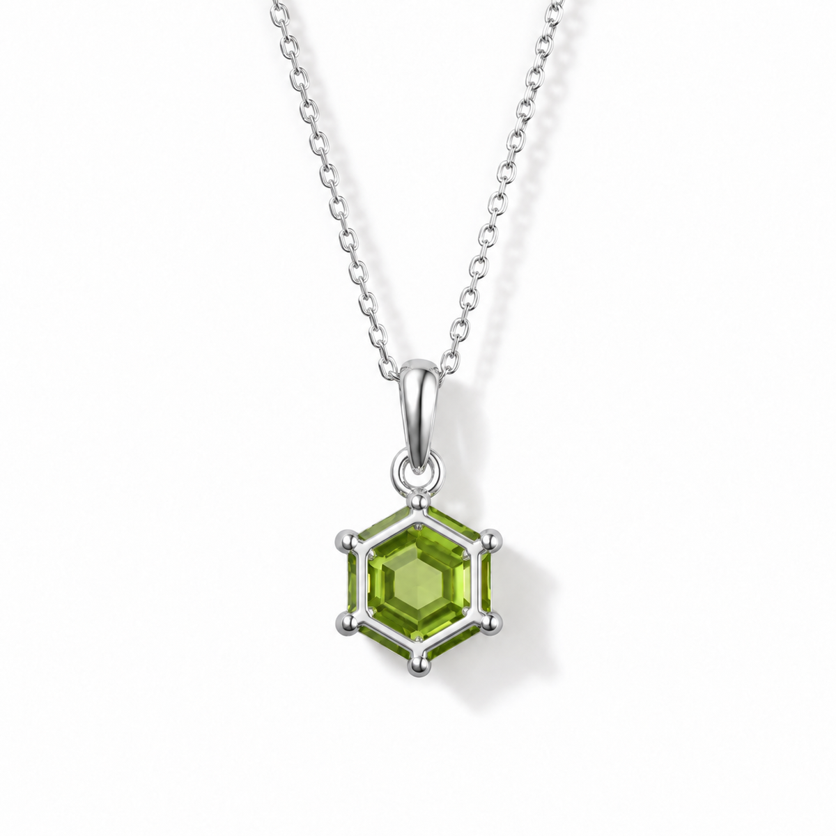 Hexagon Peridot Minimalist Necklace in Sterling Silver — back construction view