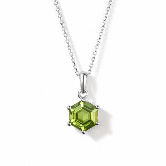 Hexagon Peridot Minimalist Necklace in Sterling Silver — front view