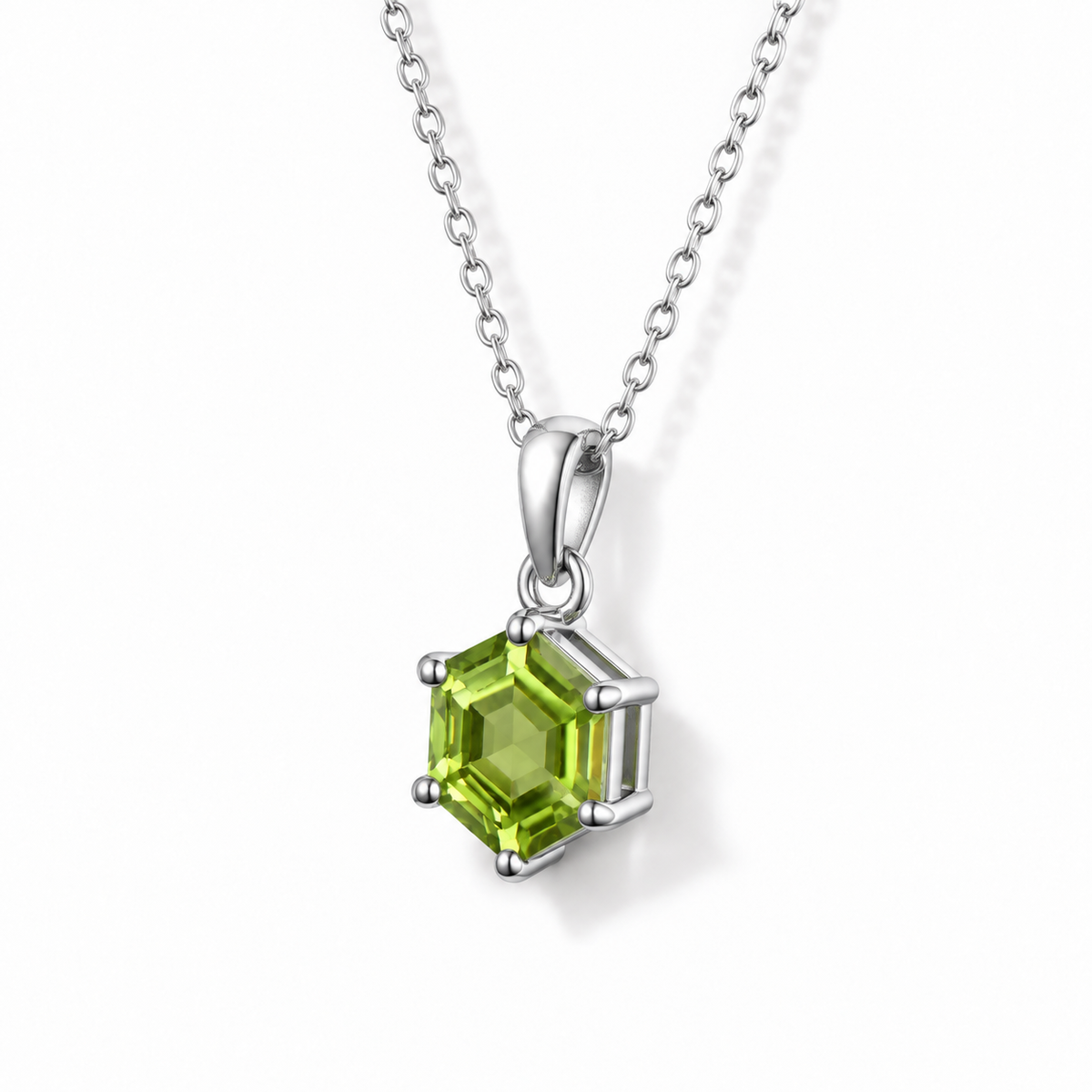 Hexagon Peridot Minimalist Necklace in Sterling Silver — 45-degree side view