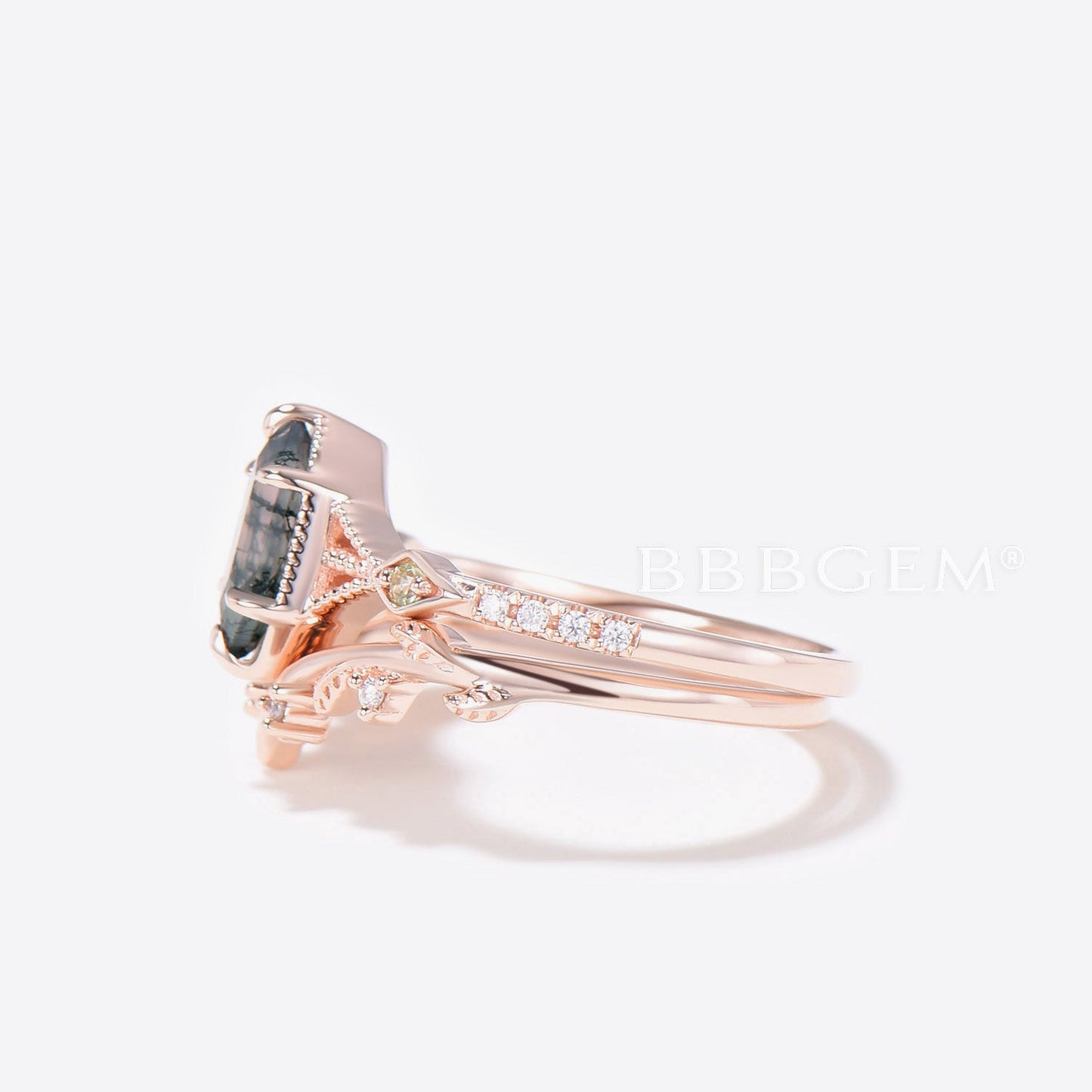 Long Hexagon Cut Moss Agate Ring Set Rose Gold 3-Stones Hexagon Moss Agate Engagement Ring