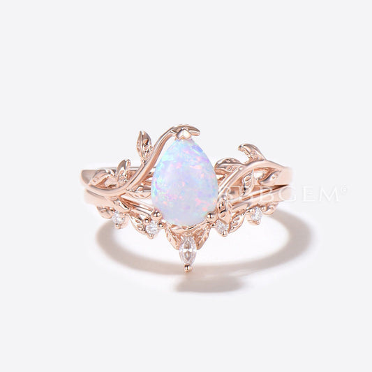 1.25ct Pear Shaped White Opal Diamond Twig Leaf Vine Engagement Ring Set