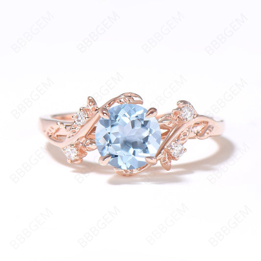 Twig Aquamarine Engagement Ring 6.5mm Round Natural Aquamarine Cluster Wedding Ring Branch Leaf Ring March Birthstone Propose Ring
