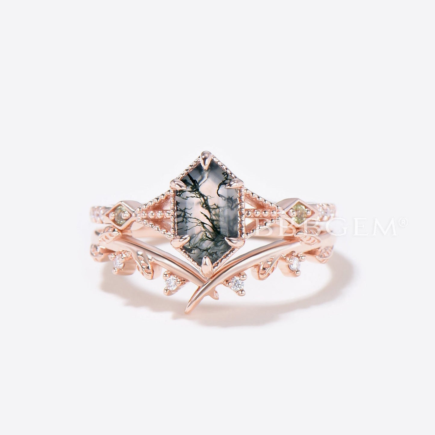 Long Hexagon Cut Moss Agate Ring Set Rose Gold 3-Stones Hexagon Moss Agate Engagement Ring