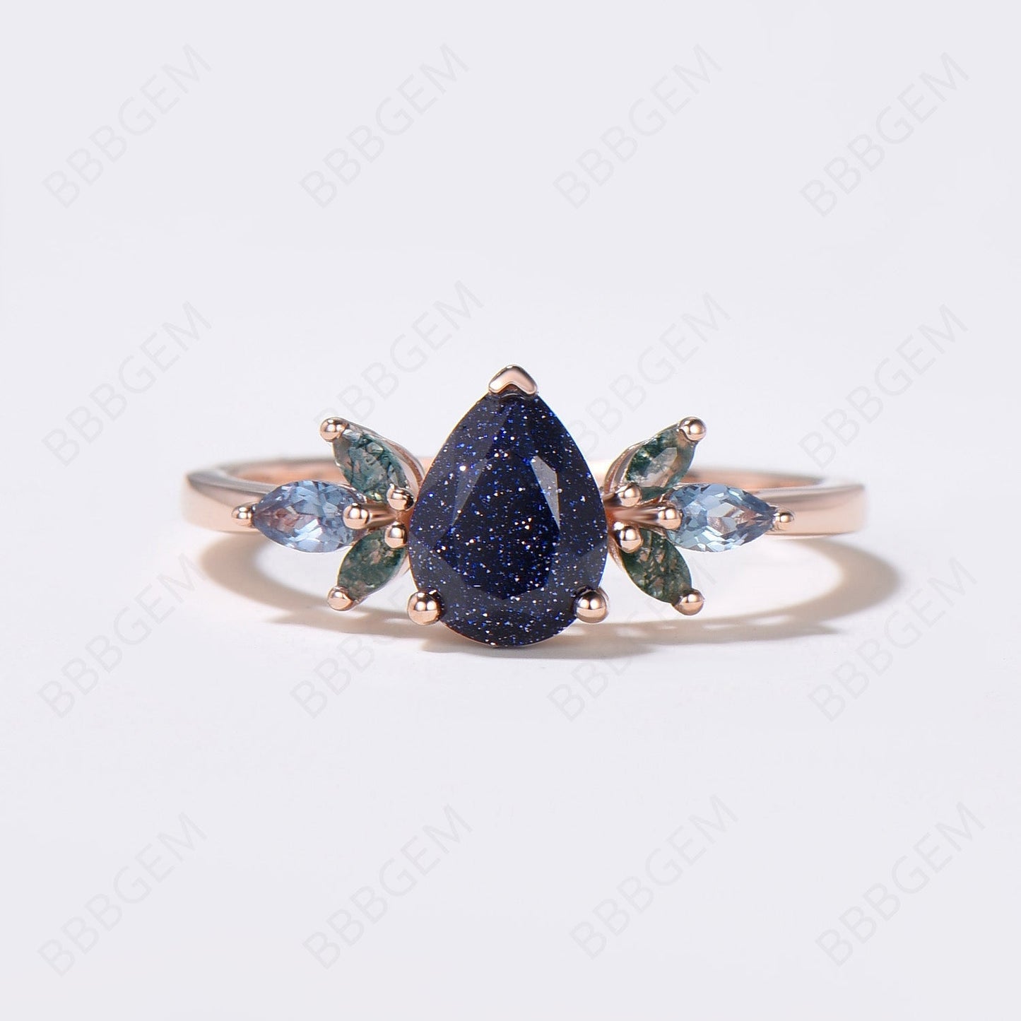 1.25ct Pear Shaped Blue Sandstone Engagement Ring 7 Stone Moss Agate Cluster Wedding Ring Rose Gold Blue Goldstone Promise Ring