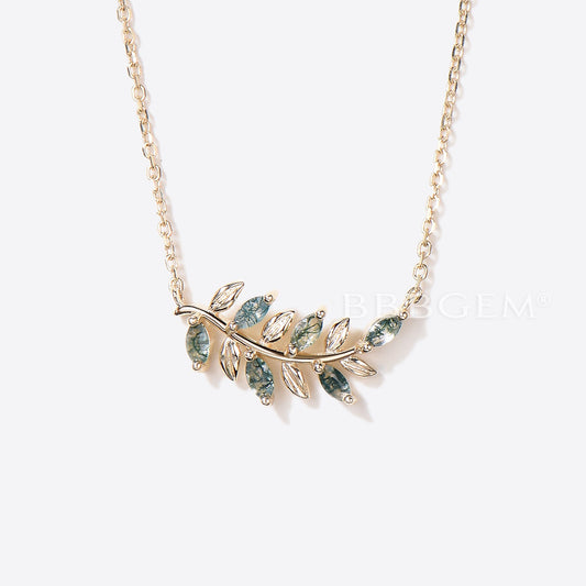 Marquise Natural Moss Agate Leaf Necklace 14k Gold Green Agate Pendant