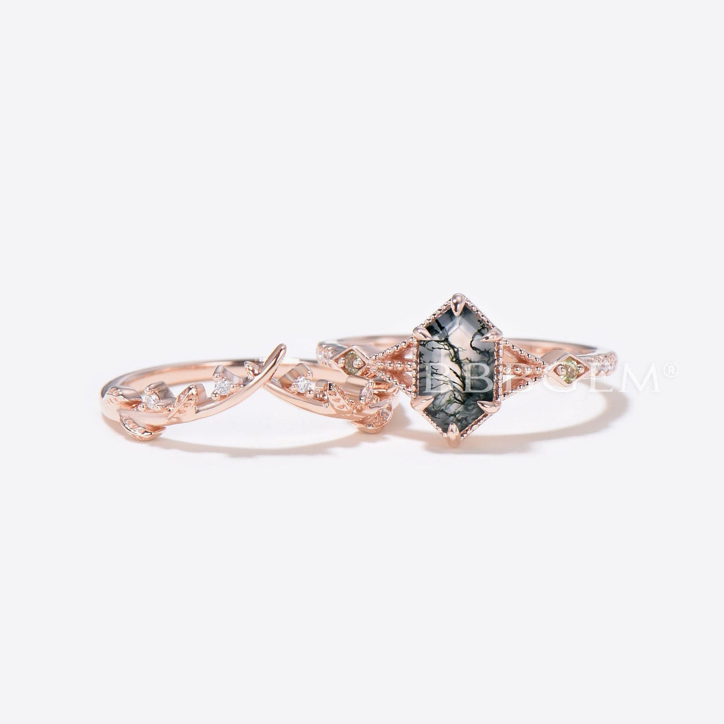 Long Hexagon Cut Moss Agate Ring Set Rose Gold 3-Stones Hexagon Moss Agate Engagement Ring