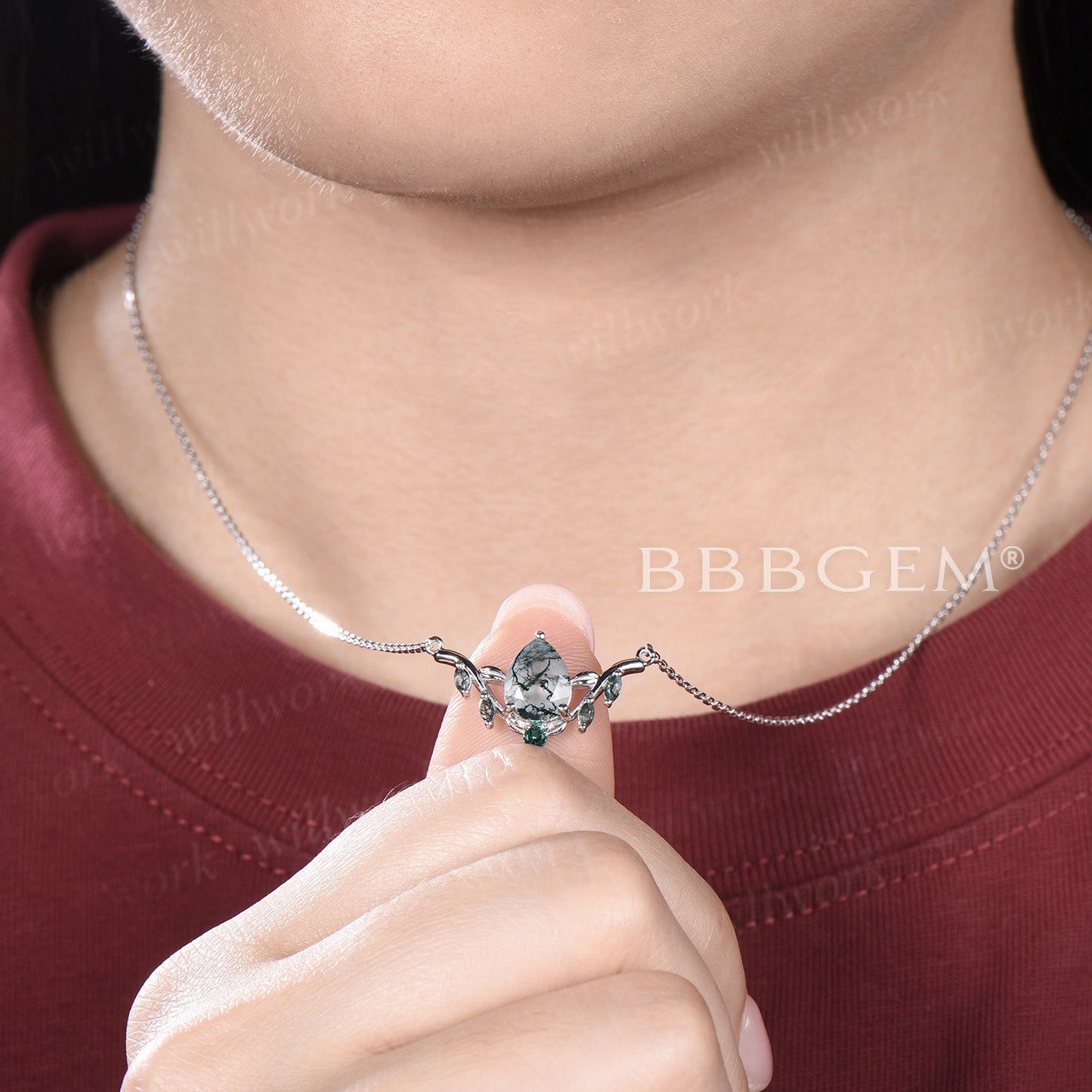 Teardrop Natural Moss Agate Necklace Leaf Vine Emerald Charm Pendant