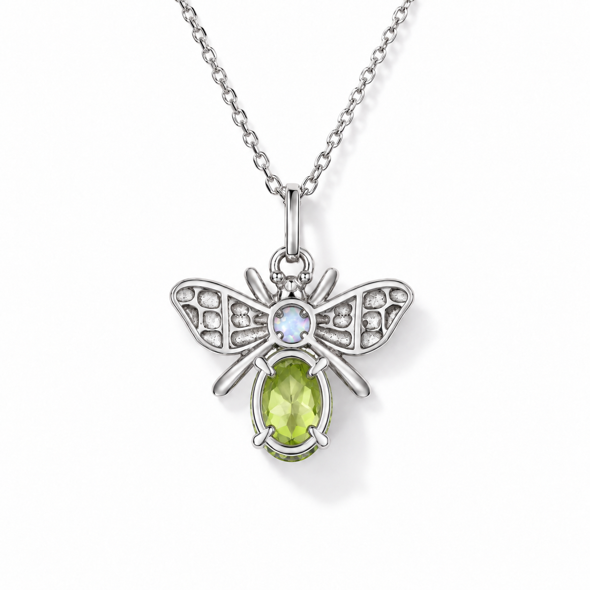 Oval Peridot Honey Bee Necklace in Sterling Silver — back construction view