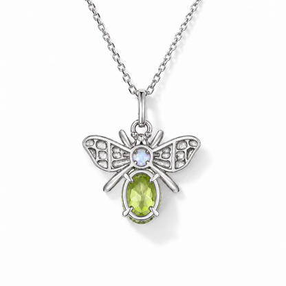 Oval Peridot Honey Bee Necklace in Sterling Silver — back construction view