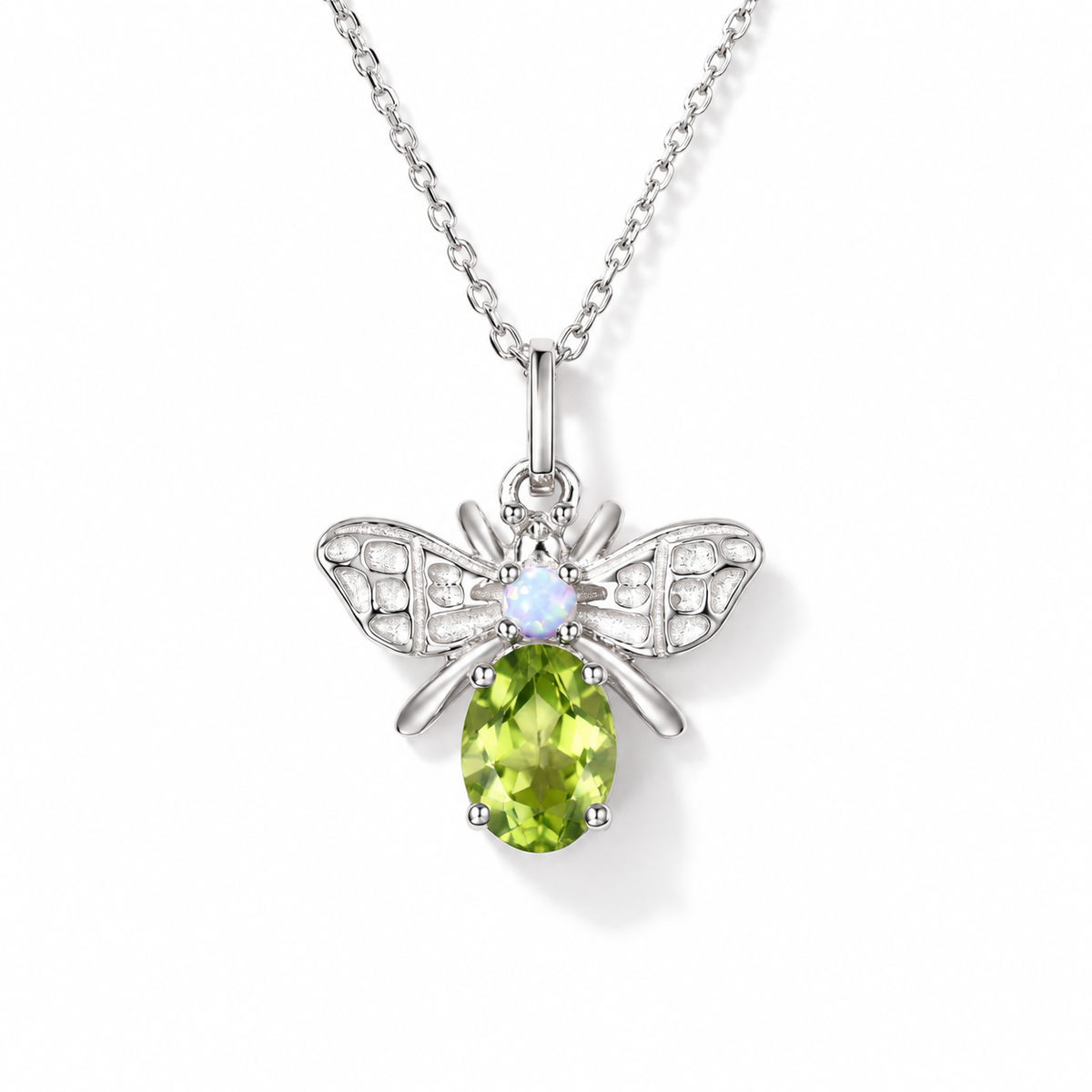 Oval Peridot Honey Bee Necklace in Sterling Silver — front view