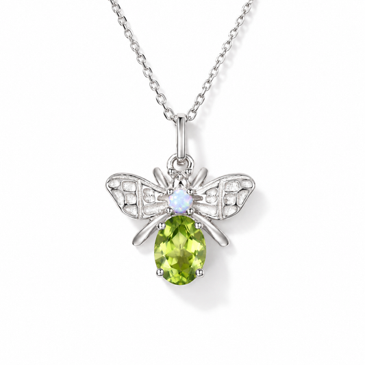 Oval Peridot Honey Bee Necklace in Sterling Silver — front view