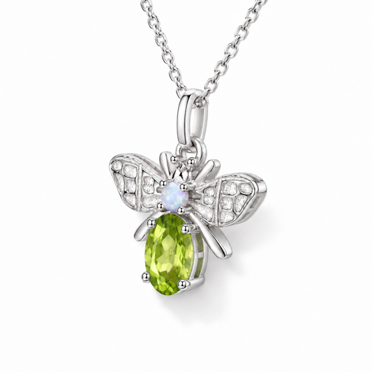 Oval Peridot Honey Bee Necklace in Sterling Silver — 45-degree side view
