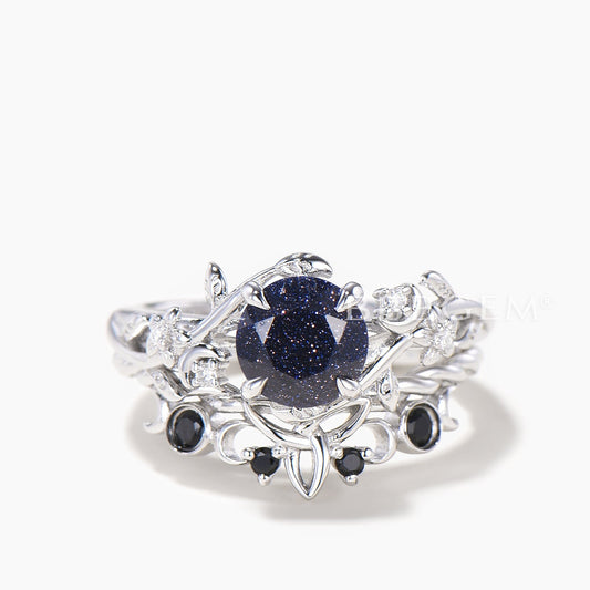 Round Cut Blue Sandstone leaf Wedding Ring Black Spinel Celtic Knot Ring Set