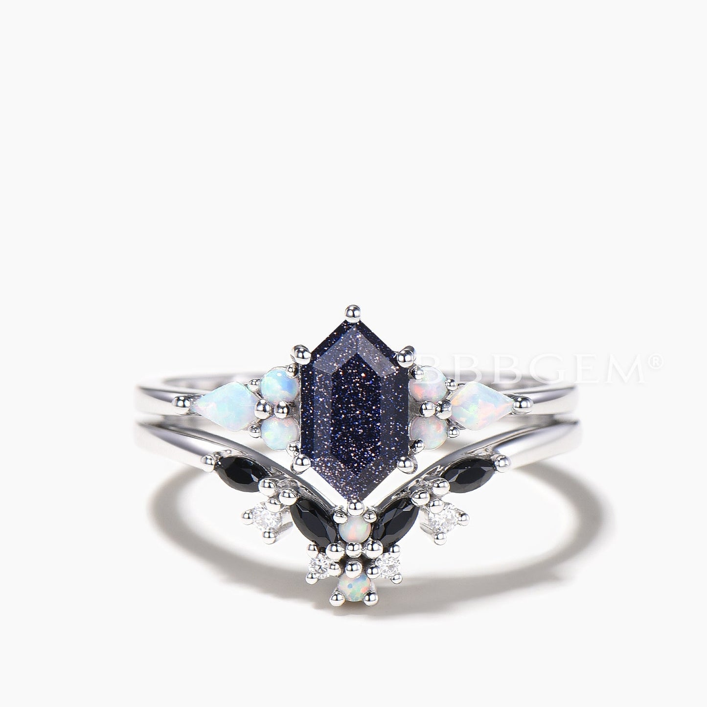 Hexagon Cut Blue Sandstone Wedding Ring White Opal Black Spinel Bridal Set