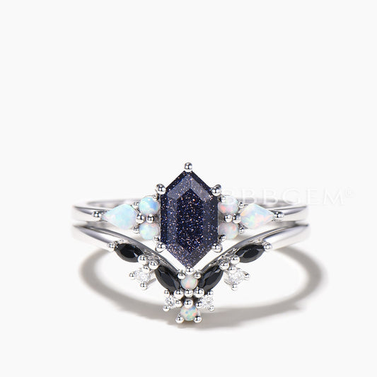 Hexagon Cut Blue Sandstone Wedding Ring White Opal Black Spinel Bridal Set