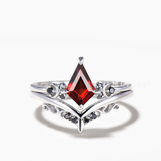 Kite Cut Natural Garnet Engagement Ring Black Spinel Celestial Bridal Set