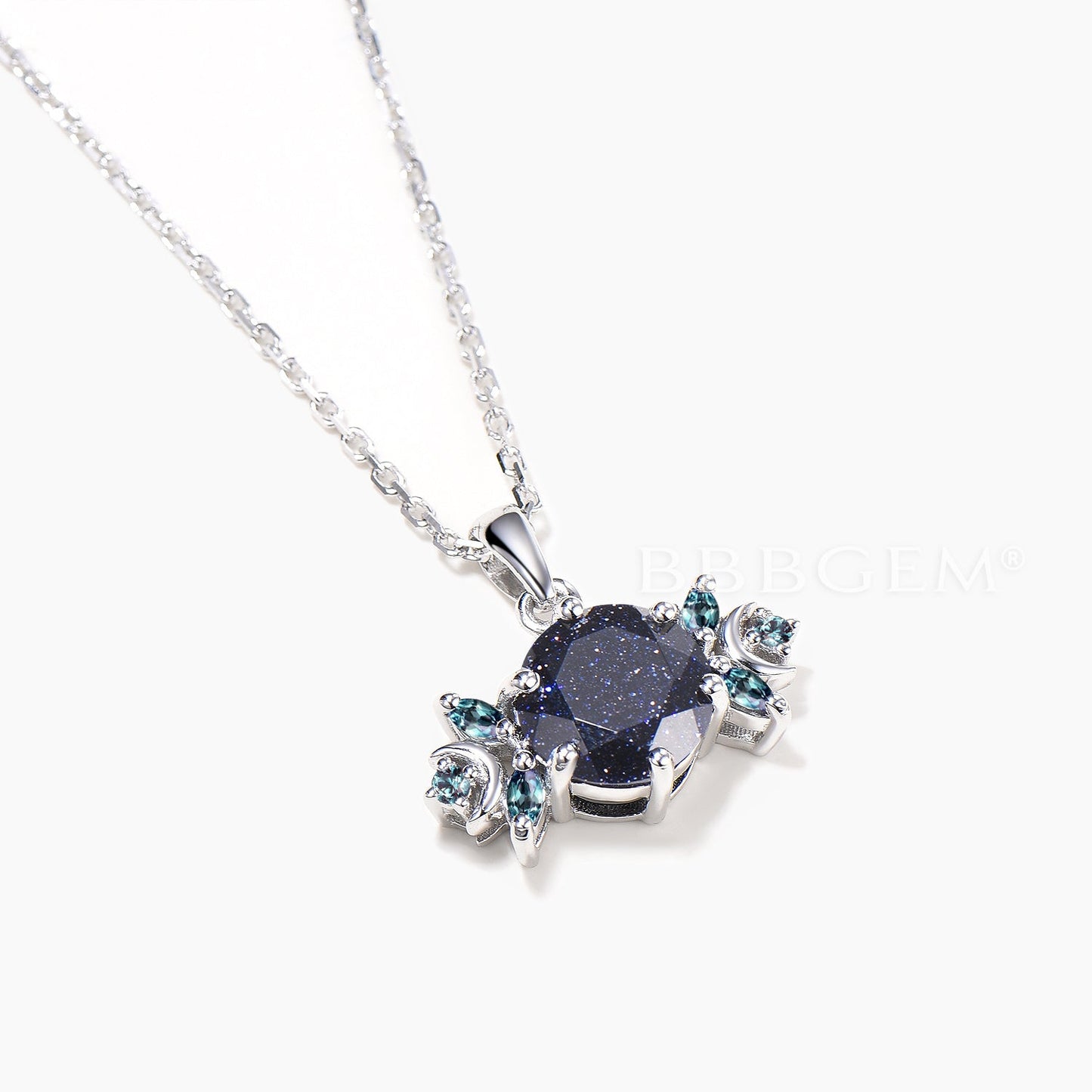Round Cut Blue Sandstone Moon Necklace Marquise Alexandrite Cluster Pendant
