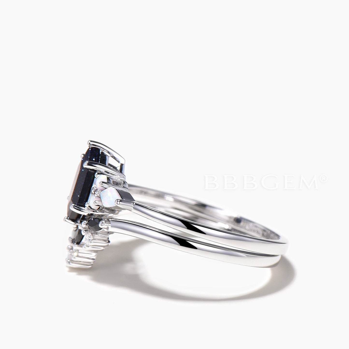 Hexagon Cut Blue Sandstone Wedding Ring White Opal Black Spinel Bridal Set