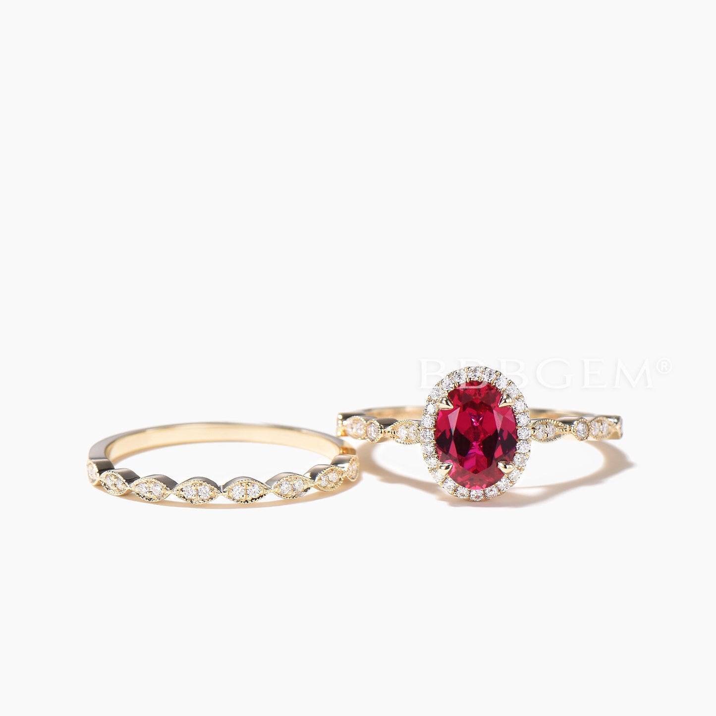 Diamond Halo Bridal Set 1.5CT Oval Cut Ruby Engagement Ring Half Eternity Band