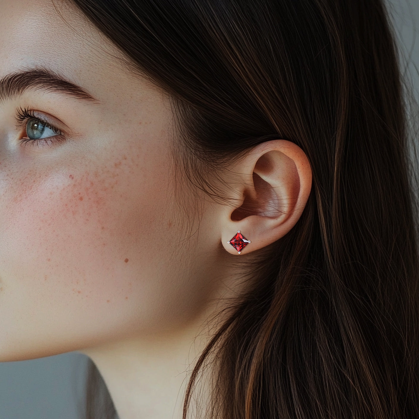 Princess Cut Natural Garnet Stud Earrings Minimalist Red Gemstone Earrings