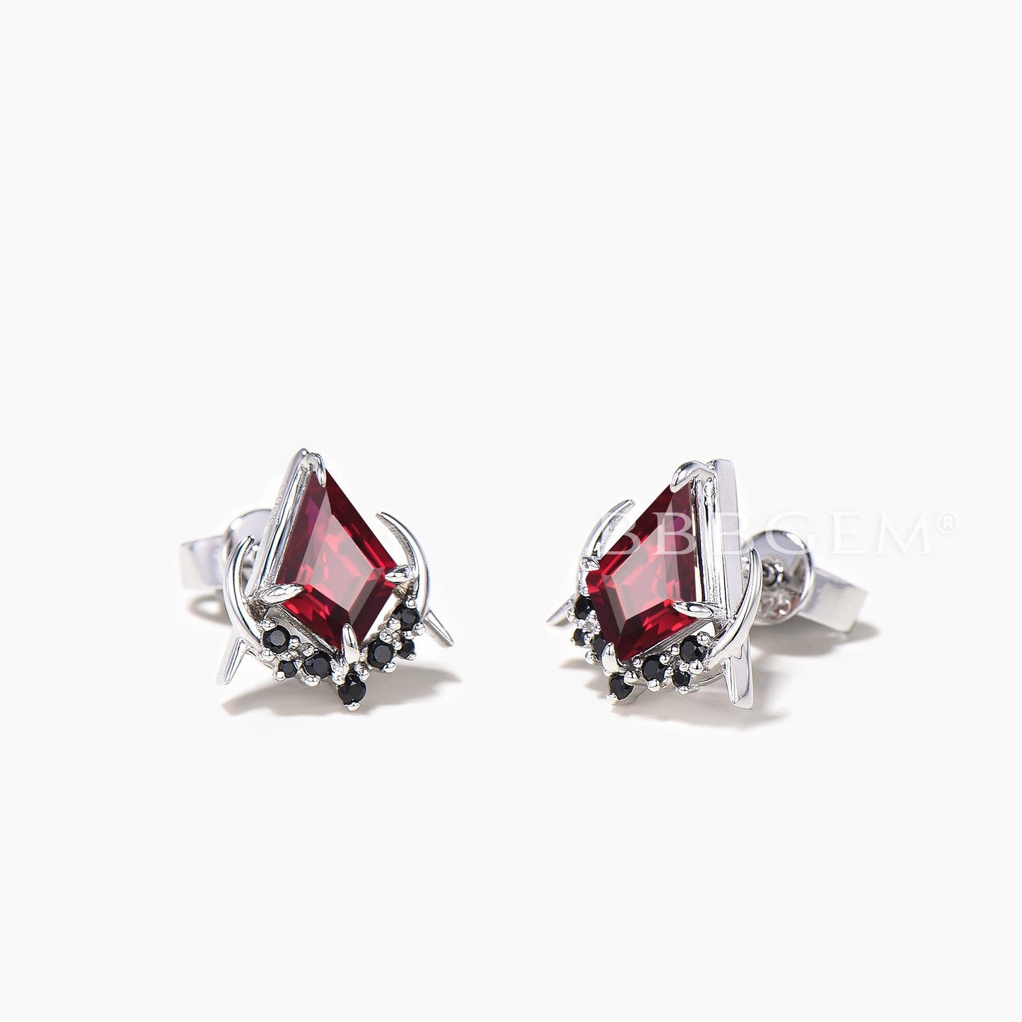 Kite Cut Natural Garnet Black Diamond Stud Earrings Moon Goithic Masonic Earrings