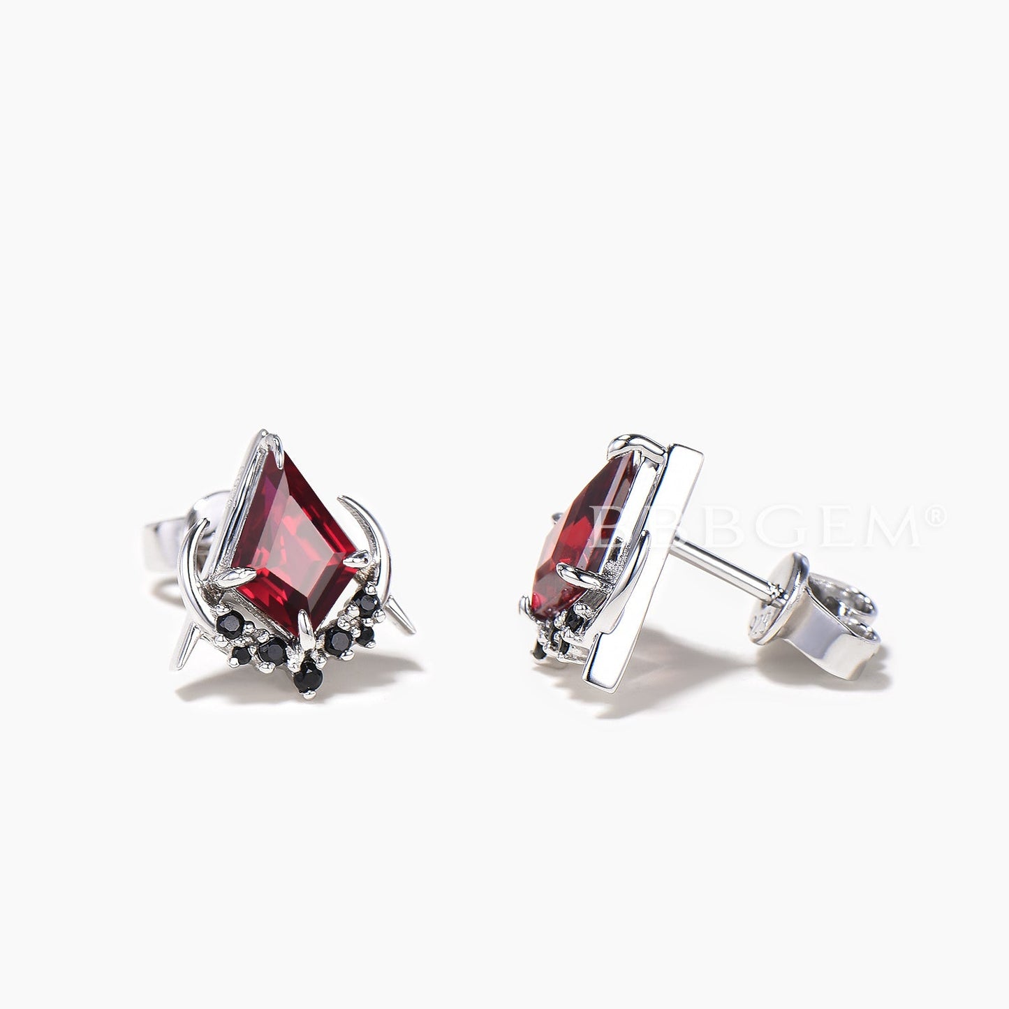 Kite Cut Natural Garnet Black Diamond Stud Earrings Moon Goithic Masonic Earrings