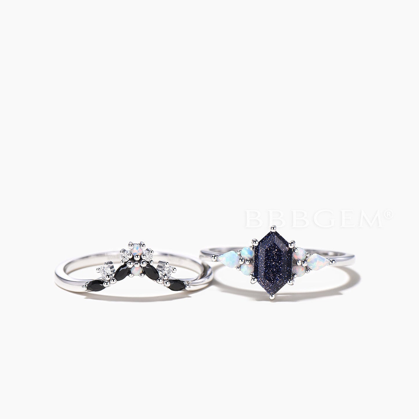 Hexagon Cut Blue Sandstone Wedding Ring White Opal Black Spinel Bridal Set